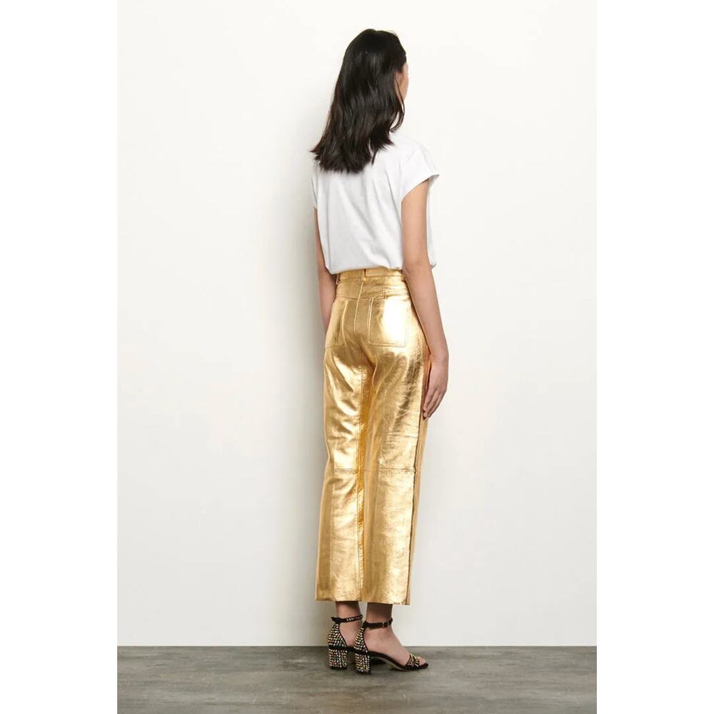 Sandro Metallic Lambskin Leather Kick Flare Pants Gold Ankle Crop FR 36 US 4 NWT - Picture 5 of 16